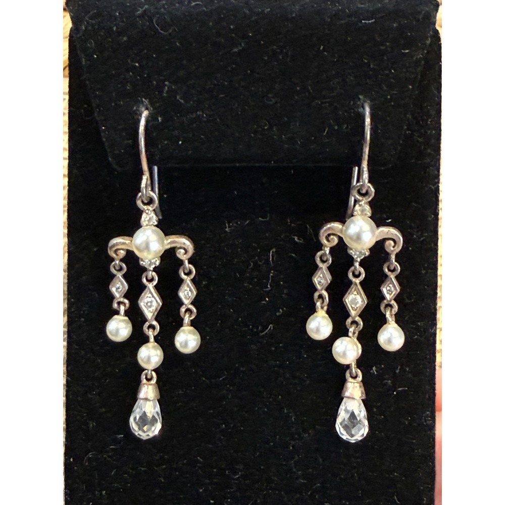 Sterling Silver 925 Pearl CZ Chandelier Drop Earrings Vintage Dangle Romantic